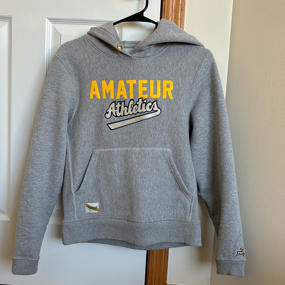 Tracksmith Gray Hoodie with Yellow 'AMATEUR' and Navy Script